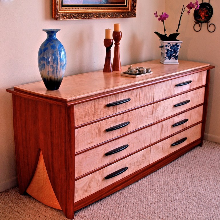 dresser, chest of drawers, bubinga dresser, curly maple furniture